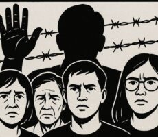 AI generated black and white image of faces of women and a man with a dictator's a dictators silhouette and barbed wire in the background.