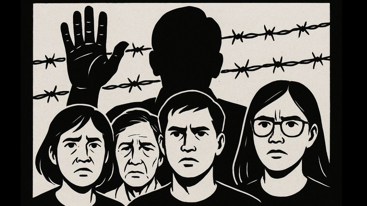AI generated black and white image of faces of women and a man with a dictator's a dictators silhouette and barbed wire in the background.